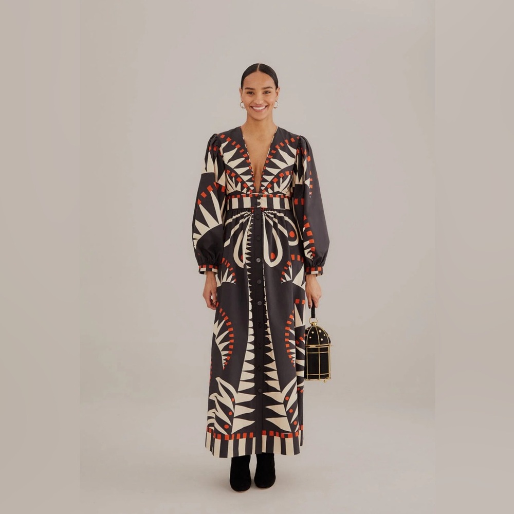 Farm Rio Black Coconut Grove Puff Sleeve Maxi Dress XS